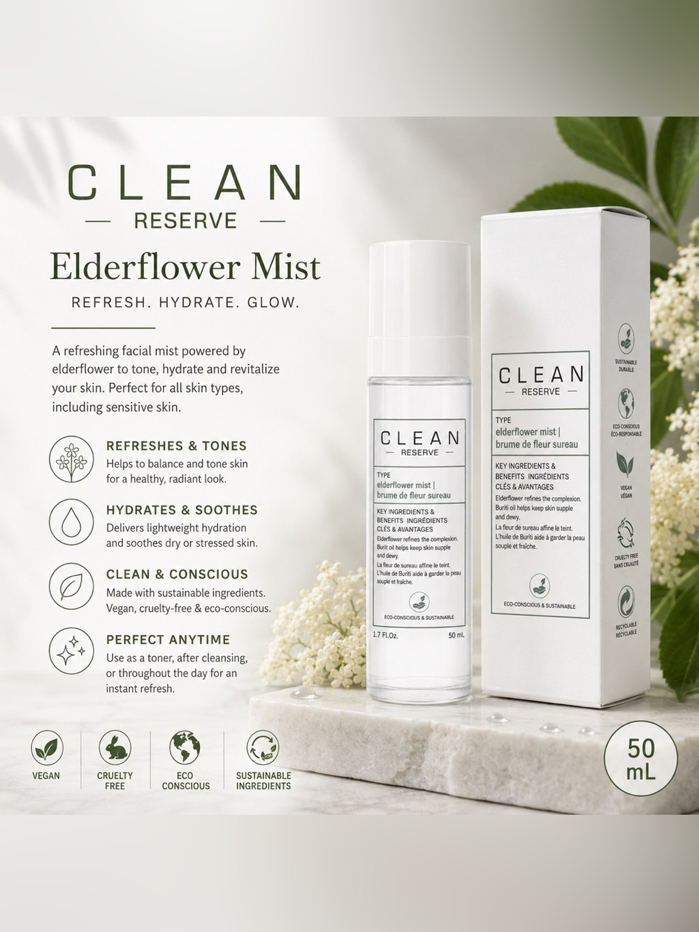 CLEAN RESERVE Elderflower Mist Facial Spray – Hydrating & Refreshing Face Mist